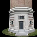 Historic Brick Tower with Pointed Spire Arched Windows and Ornate Base Design 3d model