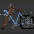Blue Bicycle With Orange Crutches Large Tires And Rear Rack Design
