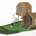 Garden Landscape Featuring Kids Club Wooden Building With White Spiral Slide And Green Lawn