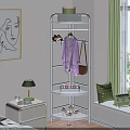 White Multi Tiered Clothes Rack Featuring Purple Cardigan Brown Bag Green Curtains And Decor