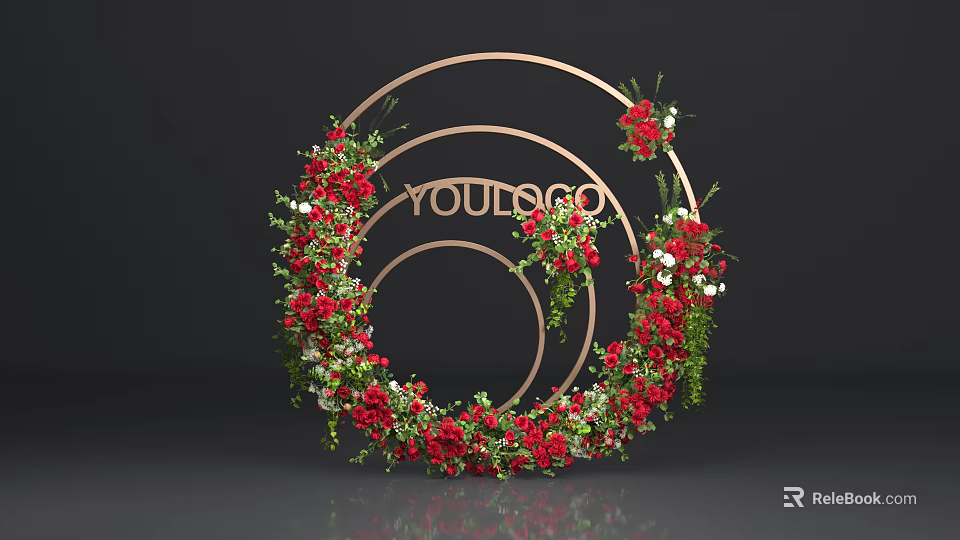 Elegant Circular Floral Installation with Golden Frame Red Flowers Green Foliage and Decorative Design 3d model 