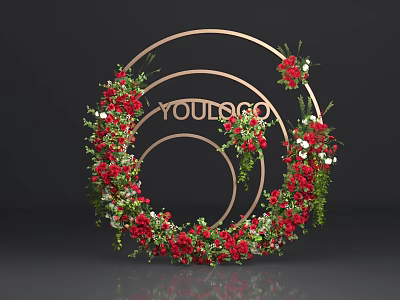Elegant Circular Floral Installation with Golden Frame Red Flowers Green Foliage and Decorative Design 3d model