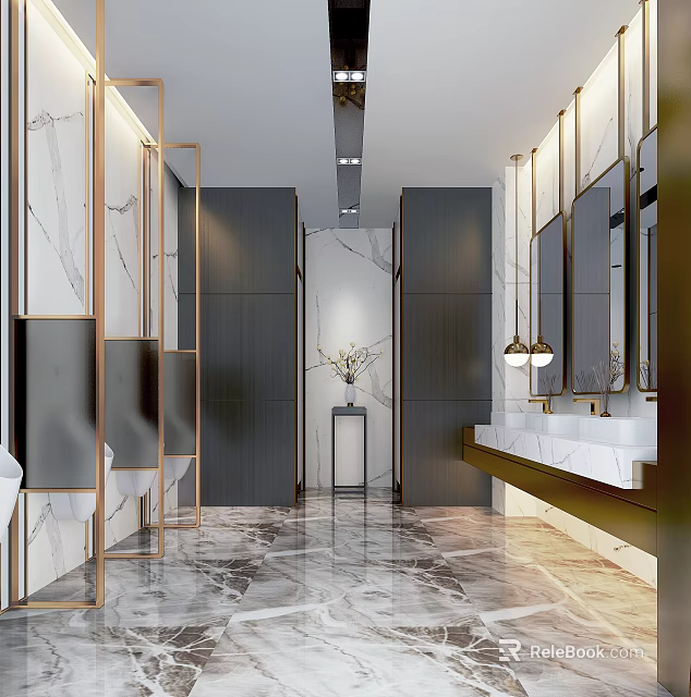 Modern Luxurious Hotel Bathroom With Marble Surfaces Mirrors Dark Wood Cabinets And Vanity Lighting 3d model 