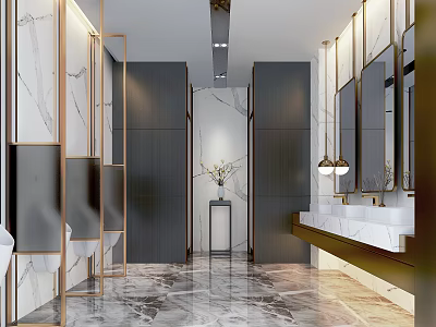 Modern Luxurious Hotel Bathroom With Marble Surfaces Mirrors Dark Wood Cabinets And Vanity Lighting 3d model