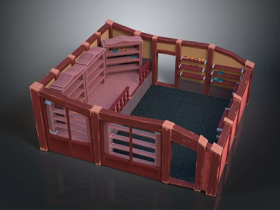 Cartoon Scenario With Wooden Structure Red Frame Black Floor Interior Shelves And Door 3d model