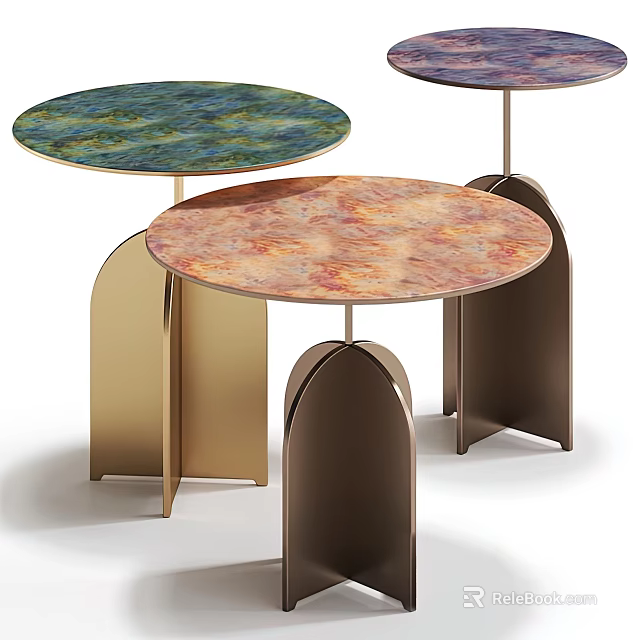 Modern Sofa Coffee Table Set with Round Marble Texture Tabletops and Metal Gold Brown Legs 3d model 