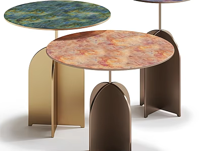 Modern Sofa Coffee Table Set with Round Marble Texture Tabletops and Metal Gold Brown Legs 3d model