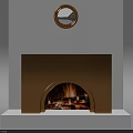 Golden Modern Fireplace With Arched Opening And Burning Fire Below Round Mirror
