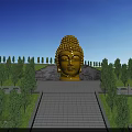 Giant Golden Buddha Head Statue Surrounded by Green Trees Stone Steps and Blue Sky Background