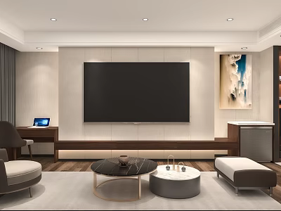 Hotel Guest Room Interior With Large Flat Screen TV Sofa Coffee Tables And Decorative Painting 3d model