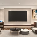 Hotel Guest Room Interior With Large Flat Screen TV Sofa Coffee Tables And Decorative Painting