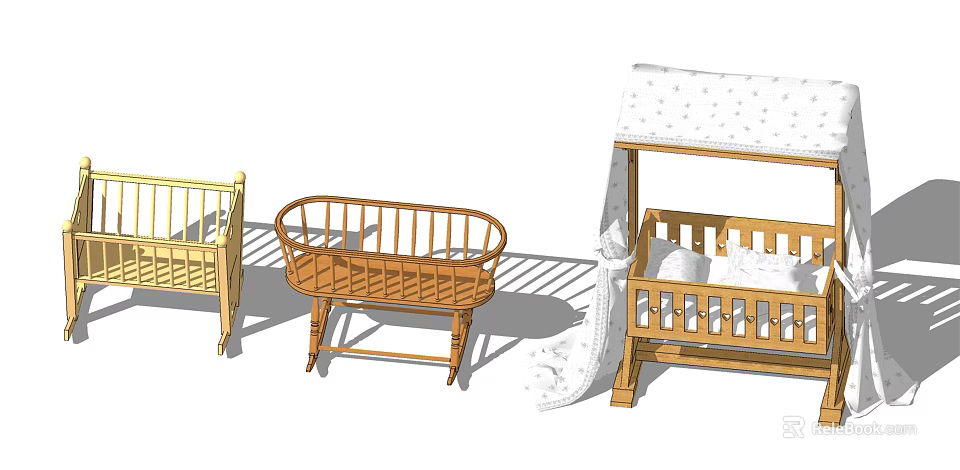 Three Wooden Baby Cribs Featuring Canopy And Rocking Design For Nursery 3d model 