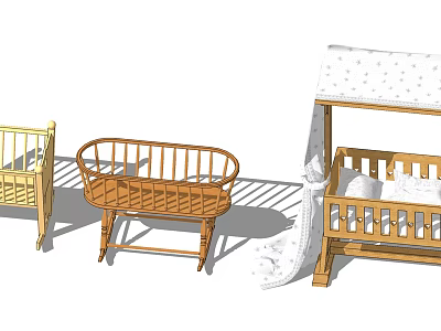 Three Wooden Baby Cribs Featuring Canopy And Rocking Design For Nursery 3d model