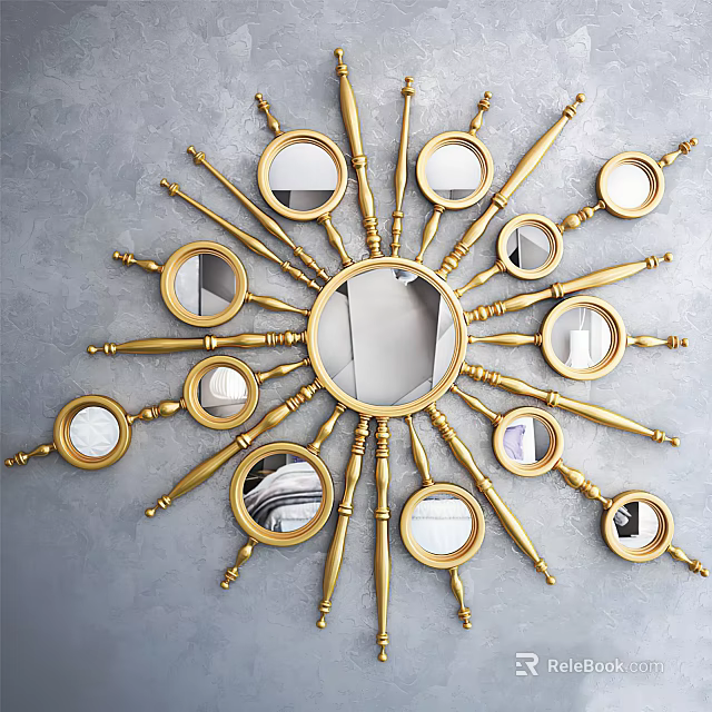 Golden Decorative Mirror With Radiant Design And Multiple Small Mirrors On Gray Wall 3d model 