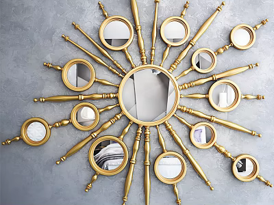 Golden Decorative Mirror With Radiant Design And Multiple Small Mirrors On Gray Wall 3d model