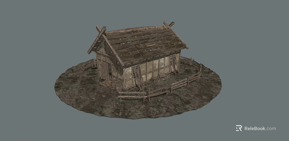 Traditional Wooden House with Rustic Roof and Surrounding Wooden Fence on Dirt Ground 3d model 
