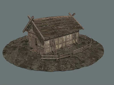 Traditional Wooden House with Rustic Roof and Surrounding Wooden Fence on Dirt Ground 3d model