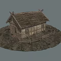 Traditional Wooden House with Rustic Roof and Surrounding Wooden Fence on Dirt Ground