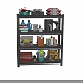 Black Multi Tier Metal Storage Shelf With Cleaning Supplies Toolbox And Storage Bins