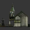 Cartoon Style House with Green Spire Tower Striped Awning Porch and Small Shop Decorations