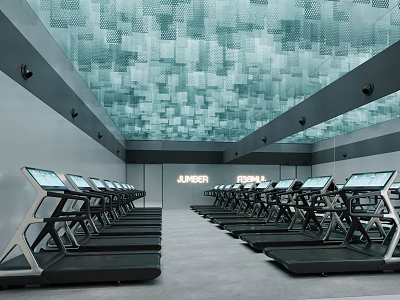 Modern Gym Interior With Rows Of Treadmills 3d model