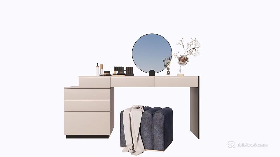 Modern Dressing Table Design With Round Mirror Cosmetics Flower Vase And Stool 3d model