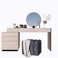 Modern Dressing Table Design With Round Mirror Cosmetics Flower Vase And Stool 3d model