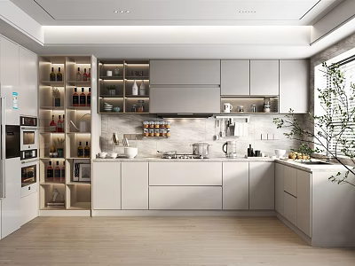Modern Kitchen Interior With Open Layout White Cabinets Countertops And Appliances 3d model