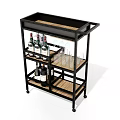 Black Metal Wine Cabinet with Rolling Wheels Multiple Shelves Wine Bottles and Glassware