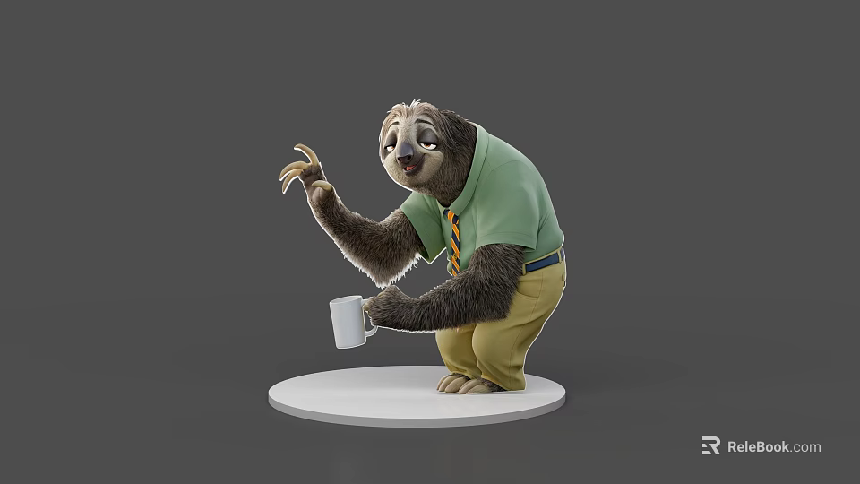 Sloth Game Character Wearing Green Polo Shirt And Yellow Pants Holding White Mug On Base 3d model 
