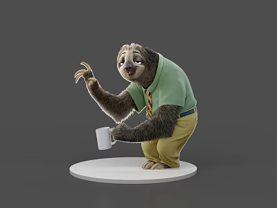 Sloth Game Character Wearing Green Polo Shirt And Yellow Pants Holding White Mug On Base 3d model