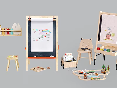 Kids Wooden Art Supplies Set with Easels Drawing Boards Paints Stools and Toys 3d model
