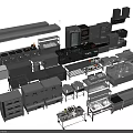Commercial Grade Stainless Steel Kitchen Appliances with Various Cooking and Refrigeration Equipment