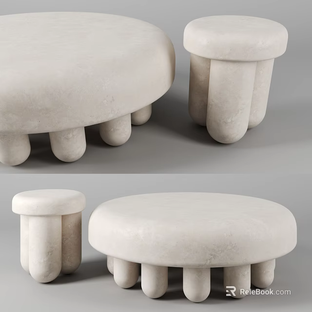 Round Modern Coffee Table With Cylindrical Legs And Smooth Stone Surface 3d model