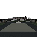 Park Landscape with Red Railings Wooden Structure White Pillars Gray Pavement Green Lawn and Water