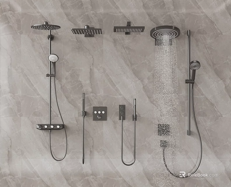 Contemporary Shower Head Set With Rain Handheld Sprays And Control On Marble Wall 3d model 