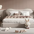 Kids Double Bed in Cozy Bedroom with Pink Striped Walls Stuffed Toys and Toy Train