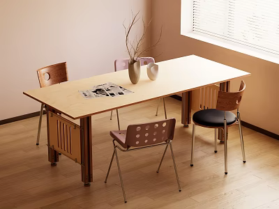 Wooden Dining Table With Four Mixed Design Chairs Vase Branches And Magazines Near Window 3d model