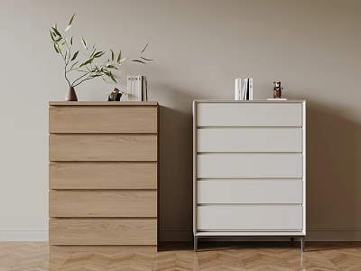 Light Wood and White Dressers with Vase Greenery and Decorative Items in Modern Minimalist Room 3d model
