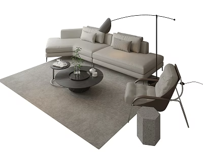 Modern Gray Sofa Coffee Table Combination With Floor Lamp Potted Plant And Chair On Rug 3d model