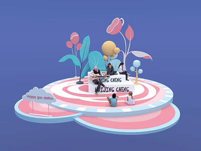 3D Scene With Round Platform People Gathered At Happy Go Health Wellness Clinic Health Check 3d model