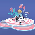 3D Scene With Round Platform People Gathered At Happy Go Health Wellness Clinic Health Check