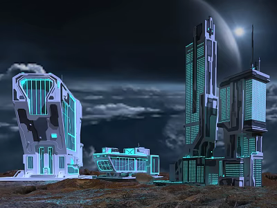 Futuristic Glowing Buildings Under Night Sky With Moon And Clouds 3d model