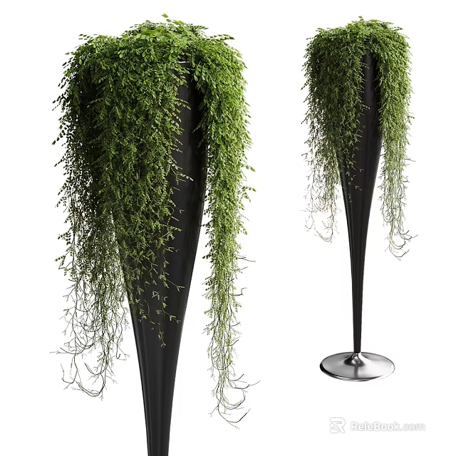 Hanging Green Bonsai Potted Plant in Black Cone Shaped Pot with Metal Base 3d model 