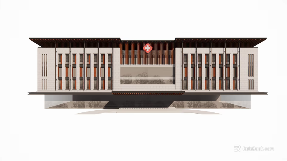 Medical Building Exterior With Red Cross Symbol And Traditional Modern Architectural Design 3d model 