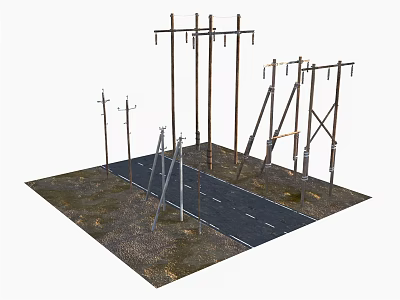 Various Utility Poles Arrangement Along Road In Construction Model Scene 3d model