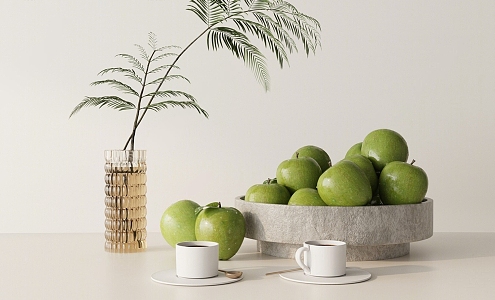 Modern Apple Desktop Apple Fruit Plate Coffee Cup Green Plant Ornaments Combination 3d model