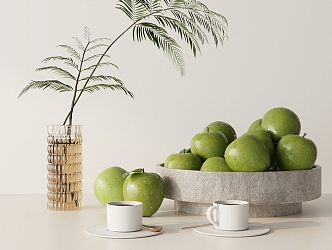 Modern Apple Desktop Apple Fruit Plate Coffee Cup Green Plant Ornaments Combination 3d model