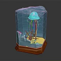 Vibrant Blue Jellyfish In Transparent Cube Container With Wooden Base And Underwater Decorations