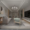 Modern Living And Dining Room Interior With Sofa Coffee Table TV Unit And Chandeliers